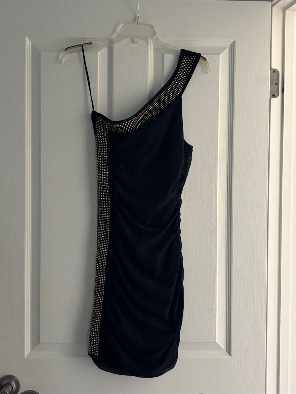NWT Tally Weijl Black One-Shoulder Gold Rhinestone Trim Mesh Dress Sz EU 38/ US